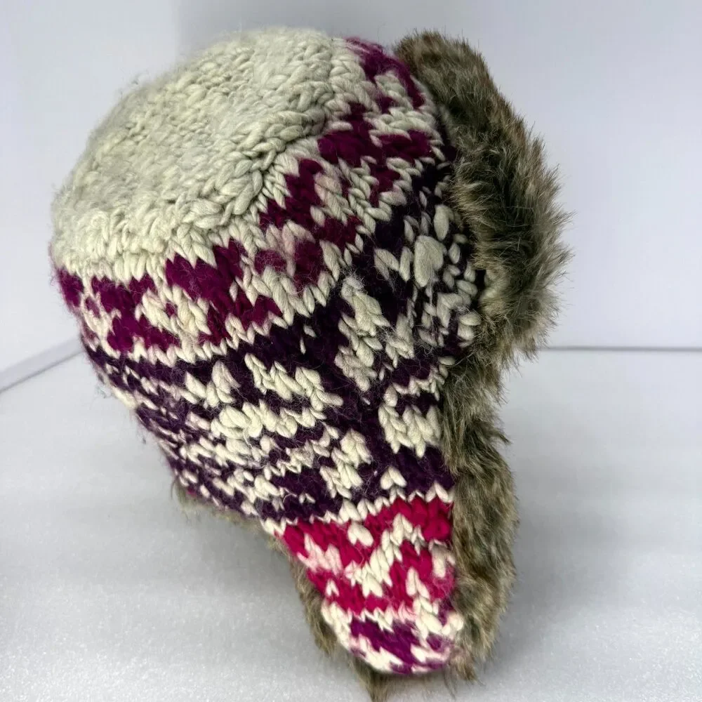 American Eagle Outfitters Trapper Hat Wool Blend Knit Faux Fur Ear Flap Y2K Vtg